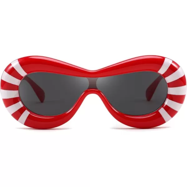 FEISEDY Inflated Oval Sunglasses for Women Men Fashion Oversized Thick Frame Y2K Glasses Funny Aesthetic Shades B9088Red Stripe
