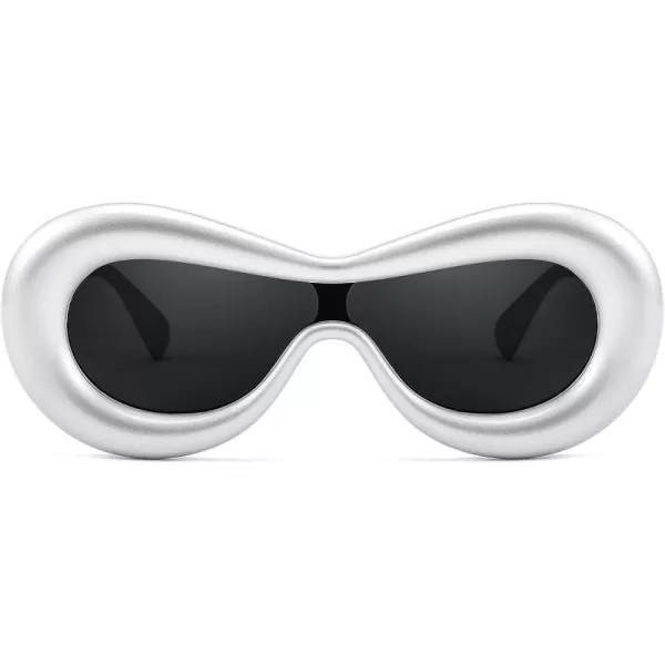 FEISEDY Inflated Oval Sunglasses for Women Men Fashion Oversized Thick Frame Y2K Glasses Funny Aesthetic Shades B9088Silver FrameGrey Lens