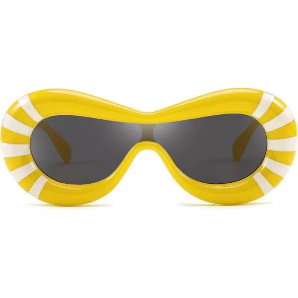 FEISEDY Inflated Oval Sunglasses for Women Men Fashion Oversized Thick Frame Y2K Glasses Funny Aesthetic Shades B9088Yellow Stripe