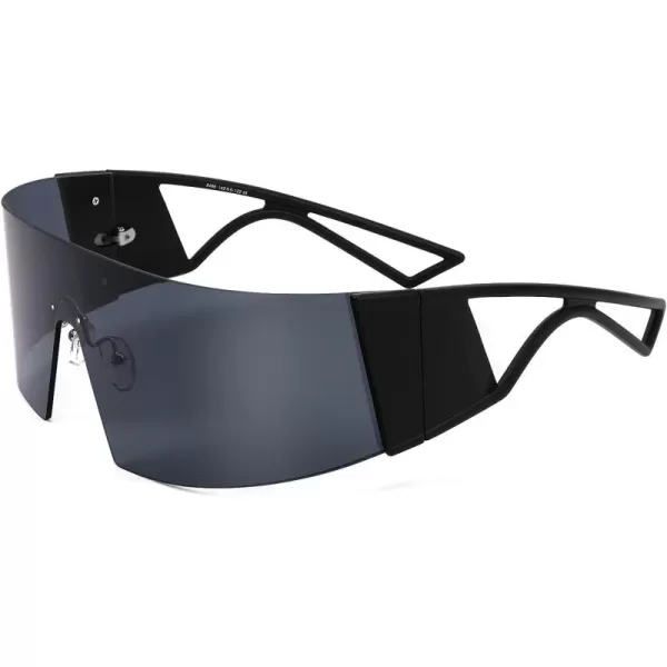 FEISEDY Oversized Flat Top Futuristic Wrap Sunglasses One Piece Goggles for Women Men Fashion Shades B4054Black FrameGrey Lens