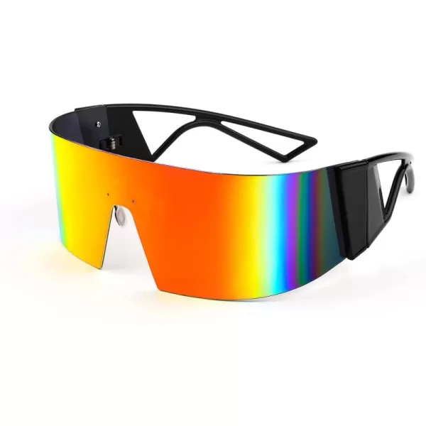 FEISEDY Oversized Flat Top Futuristic Wrap Sunglasses One Piece Goggles for Women Men Fashion Shades B4054Black FrameRed Mirror Lens