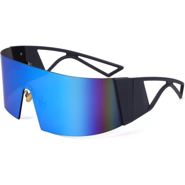 FEISEDY Oversized Flat Top Futuristic Wrap Sunglasses One Piece Goggles for Women Men Fashion Shades B4054Blue FrameBlue Mirror Lens