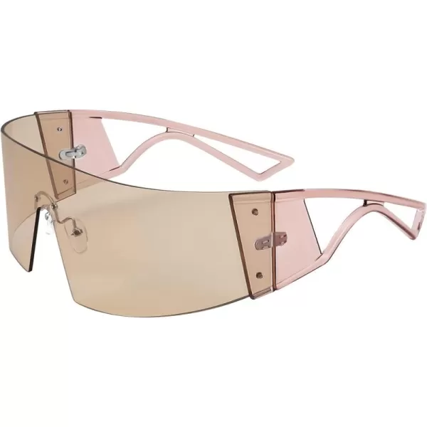 FEISEDY Oversized Flat Top Futuristic Wrap Sunglasses One Piece Goggles for Women Men Fashion Shades B4054Transparent Tea FrameChampagne Lens