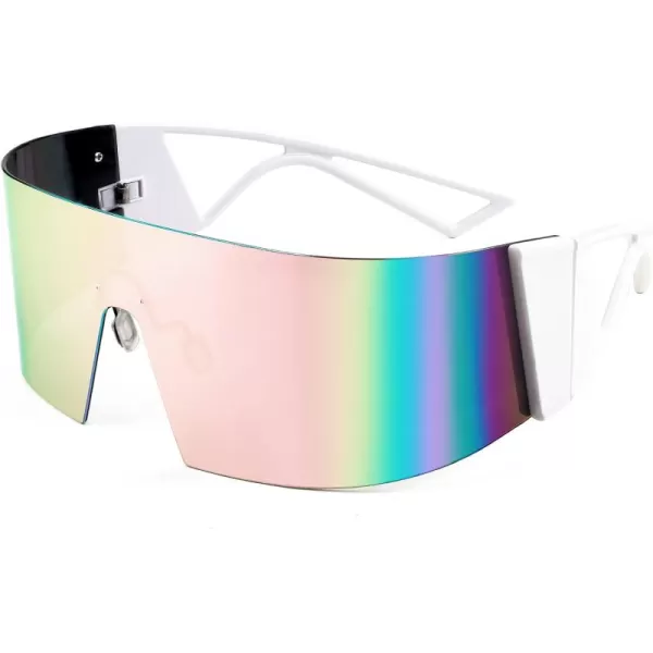 FEISEDY Oversized Flat Top Futuristic Wrap Sunglasses One Piece Goggles for Women Men Fashion Shades B4054White FramePink Mirror Lens