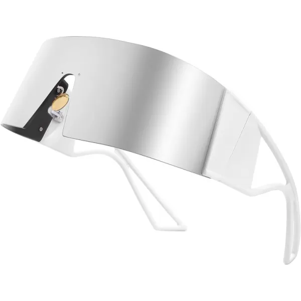 FEISEDY Oversized Flat Top Futuristic Wrap Sunglasses One Piece Goggles for Women Men Fashion Shades B4054White FrameSliver Mirror Lens