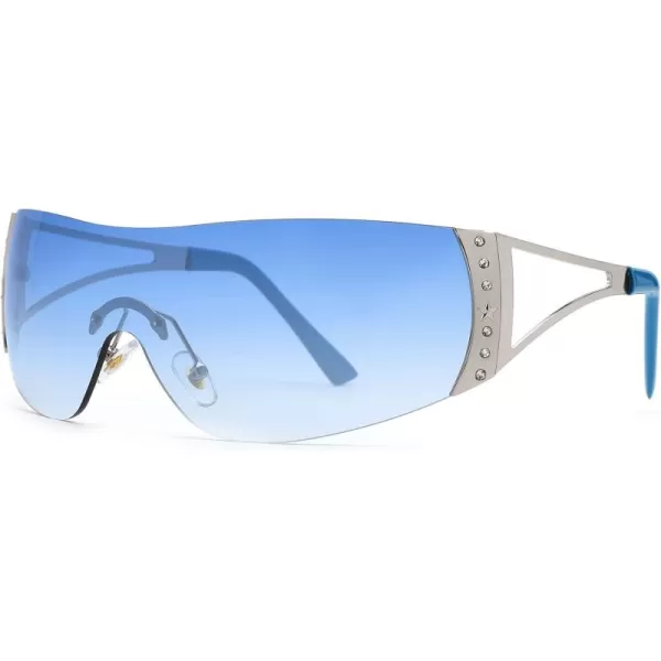 FEISEDY Rimless Y2K Sunglasses for Women Men Fashion Futuristic Wrap Around Oversized Trendy Shield B9073Gradient Blue