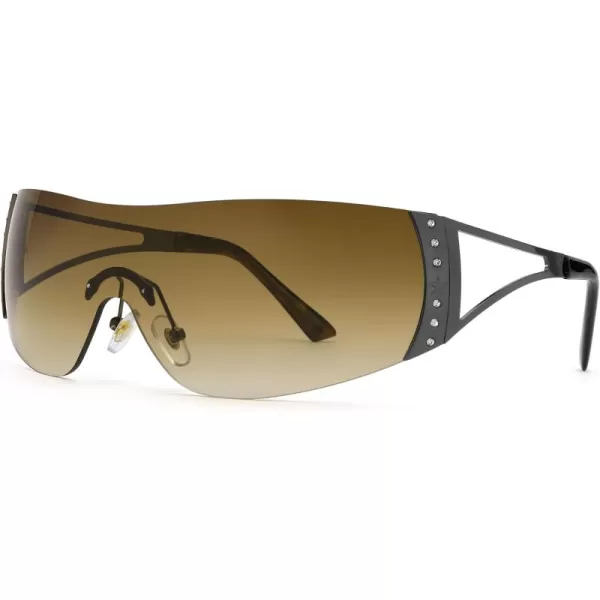 FEISEDY Rimless Y2K Sunglasses for Women Men Fashion Futuristic Wrap Around Oversized Trendy Shield B9073Gradient Brown