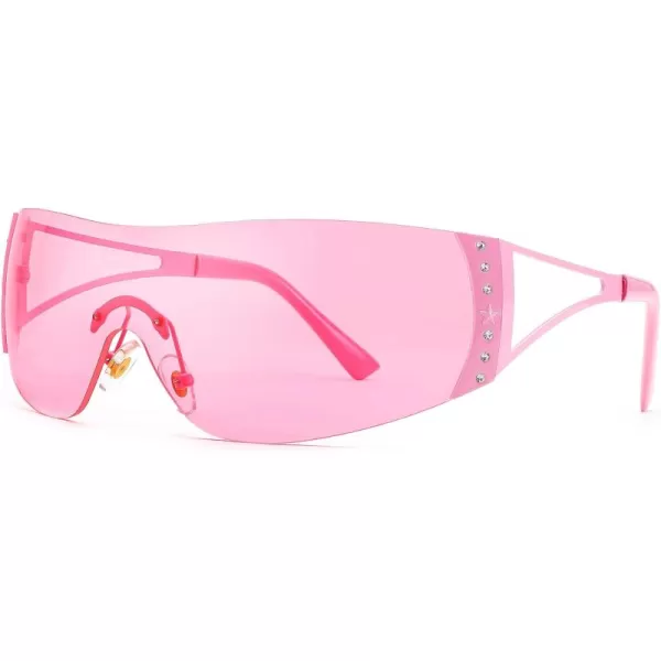 FEISEDY Rimless Y2K Sunglasses for Women Men Fashion Futuristic Wrap Around Oversized Trendy Shield B9073Pink