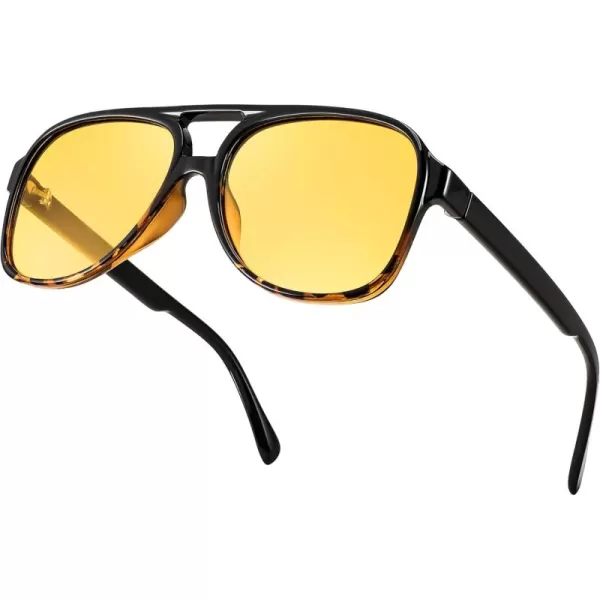 FEISEDY Vintage Retro 70s Plastic Aviator Sunglasses Women Men Classic Large Squared Frame B2751Polarized Black Leopard  Yellow Lens