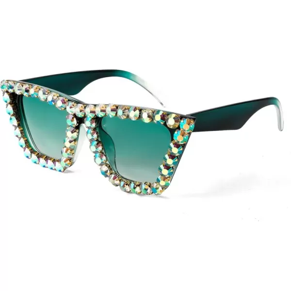 FEISEDY Women Crystal Square Cat Eye Sunglasses Sparkling Trendy Retro Cateye Sunglasses B2898Blackish Green