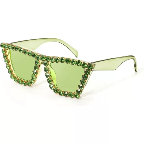 FEISEDY Women Crystal Square Cat Eye Sunglasses Sparkling Trendy Retro Cateye Sunglasses B2898Green