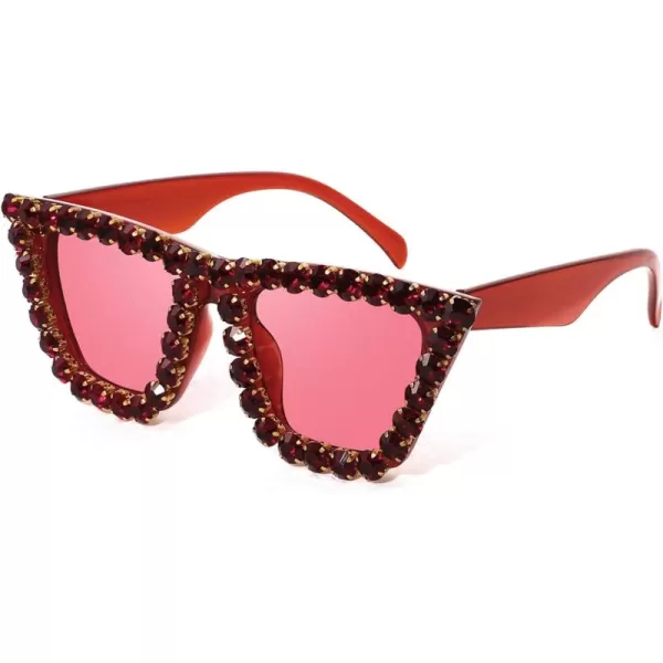 FEISEDY Women Crystal Square Cat Eye Sunglasses Sparkling Trendy Retro Cateye Sunglasses B2898Red