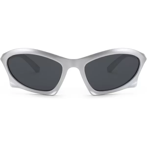 FEISEDY Wrap Around Fashion Sunglasses for Women Men Vintage Trendy Y2K Sunglasses Cool Bat Sport Sun Glasses B2335003 Silver FrameGray Lens