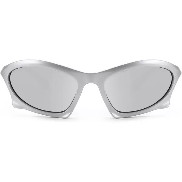 FEISEDY Wrap Around Fashion Sunglasses for Women Men Vintage Trendy Y2K Sunglasses Cool Bat Sport Sun Glasses B2335004 Silver FrameWhite Mirrored Lens