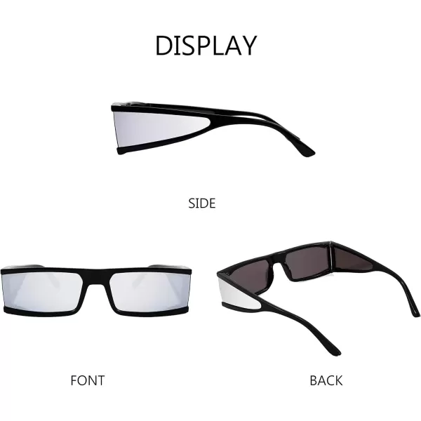 FEISEDY Cool Futuristic Rectangular Sunglasses Cyber Men Women Punk Style Cosplay Sun Glasses B2739Black Frame  Silver Lens