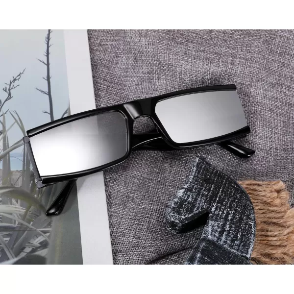 FEISEDY Cool Futuristic Rectangular Sunglasses Cyber Men Women Punk Style Cosplay Sun Glasses B2739Black Frame  Silver Lens