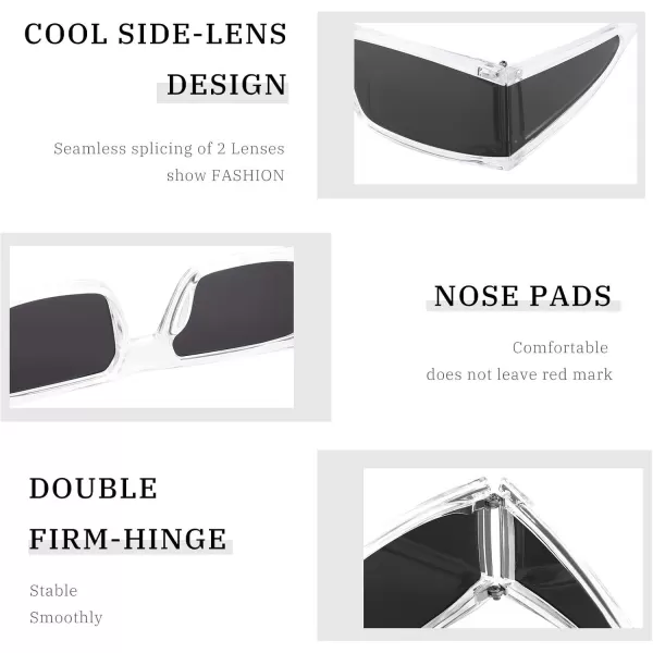 FEISEDY Cool Futuristic Rectangular Sunglasses Cyber Men Women Punk Style Cosplay Sun Glasses B2739Transparent Frame  Black Grey Lens