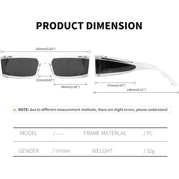 FEISEDY Cool Futuristic Rectangular Sunglasses Cyber Men Women Punk Style Cosplay Sun Glasses B2739Transparent Frame  Black Grey Lens
