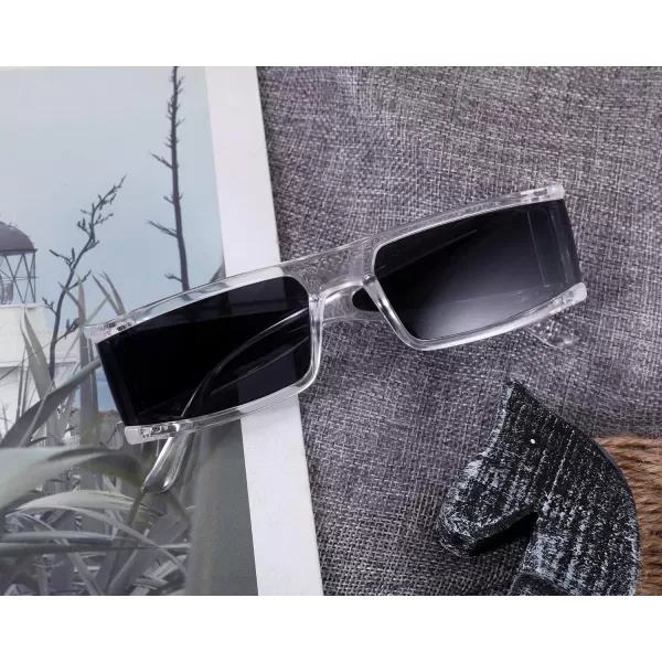 FEISEDY Cool Futuristic Rectangular Sunglasses Cyber Men Women Punk Style Cosplay Sun Glasses B2739Transparent Frame  Black Grey Lens