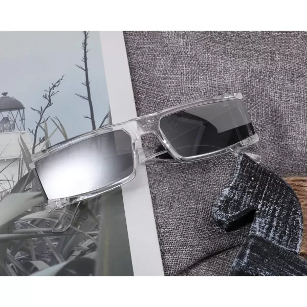 FEISEDY Cool Futuristic Rectangular Sunglasses Cyber Men Women Punk Style Cosplay Sun Glasses B2739Transparent Frame  Silver Lens