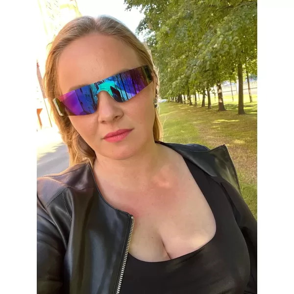 FEISEDY Futuristic Visor Punk Sunglasses Rimless One Piece Goggles Miorred Shades Women Men B2927Blue Mirrored