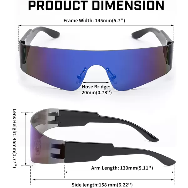 FEISEDY Futuristic Visor Punk Sunglasses Rimless One Piece Goggles Miorred Shades Women Men B2927Blue Mirrored