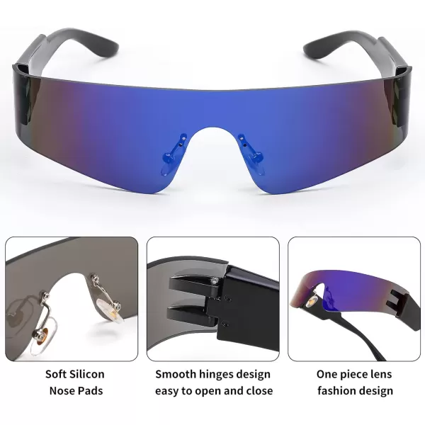 FEISEDY Futuristic Visor Punk Sunglasses Rimless One Piece Goggles Miorred Shades Women Men B2927Blue Mirrored