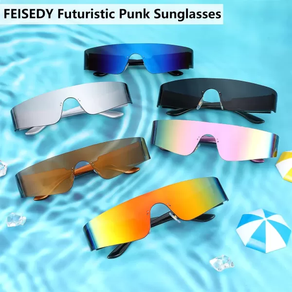FEISEDY Futuristic Visor Punk Sunglasses Rimless One Piece Goggles Miorred Shades Women Men B2927Blue Mirrored