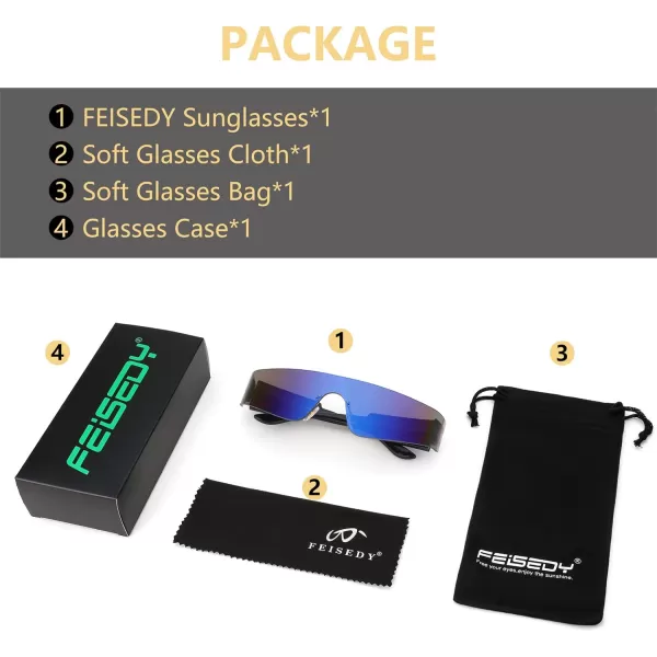 FEISEDY Futuristic Visor Punk Sunglasses Rimless One Piece Goggles Miorred Shades Women Men B2927Blue Mirrored