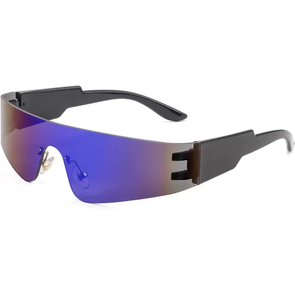 FEISEDY Futuristic Visor Punk Sunglasses Rimless One Piece Goggles Miorred Shades Women Men B2927Blue Mirrored