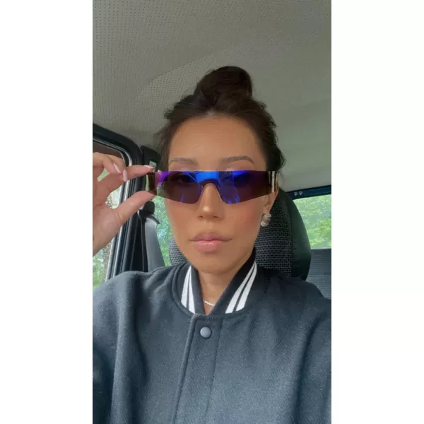 FEISEDY Futuristic Visor Punk Sunglasses Rimless One Piece Goggles Miorred Shades Women Men B2927Blue Mirrored