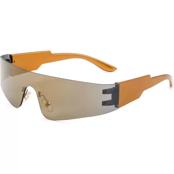 FEISEDY Futuristic Visor Punk Sunglasses Rimless One Piece Goggles Miorred Shades Women Men B2927Gold Mirrored