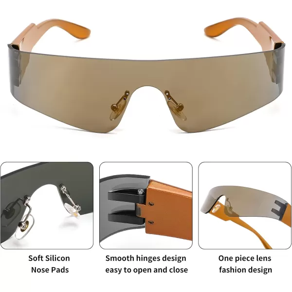 FEISEDY Futuristic Visor Punk Sunglasses Rimless One Piece Goggles Miorred Shades Women Men B2927Gold Mirrored