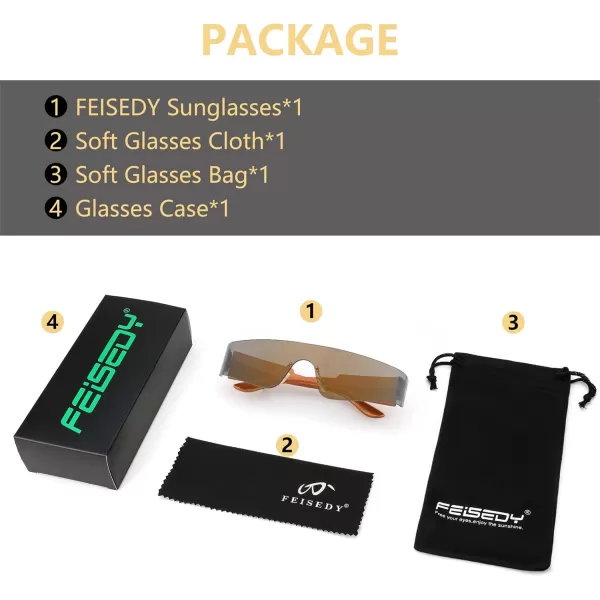 FEISEDY Futuristic Visor Punk Sunglasses Rimless One Piece Goggles Miorred Shades Women Men B2927Gold Mirrored