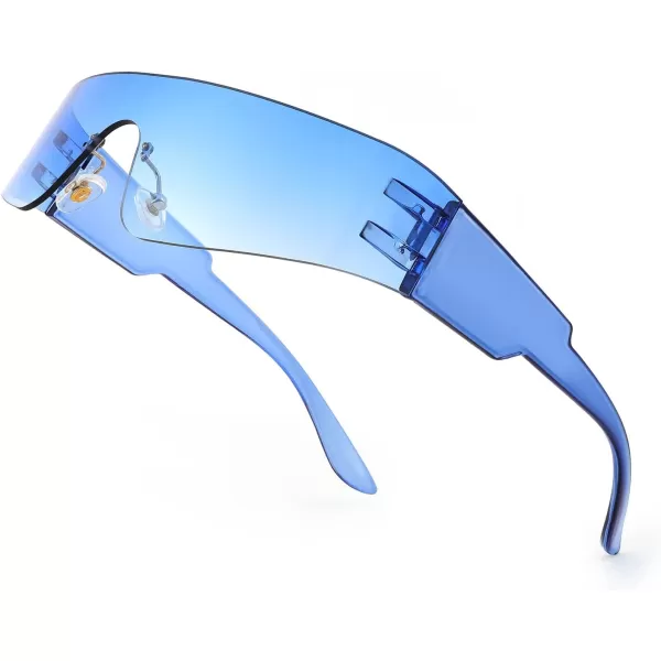 FEISEDY Futuristic Visor Punk Sunglasses Rimless One Piece Goggles Miorred Shades Women Men B2927Gradient Blue Mirrored