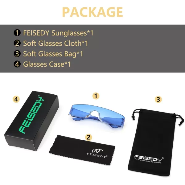 FEISEDY Futuristic Visor Punk Sunglasses Rimless One Piece Goggles Miorred Shades Women Men B2927Gradient Blue Mirrored