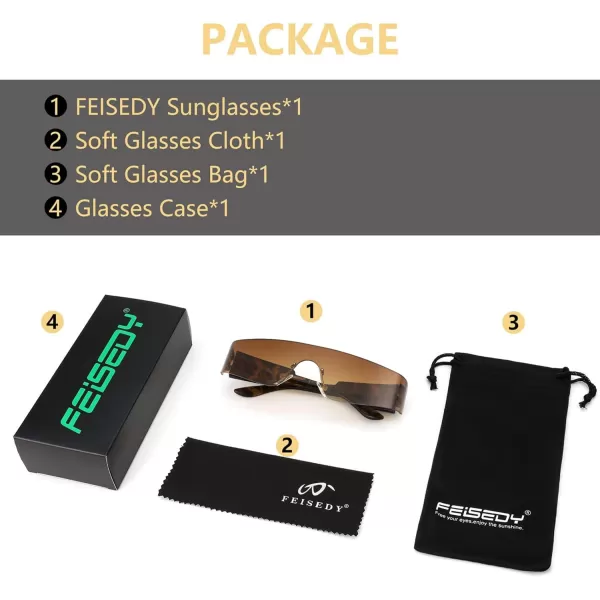 FEISEDY Futuristic Visor Punk Sunglasses Rimless One Piece Goggles Miorred Shades Women Men B2927Gradient Yellow Mirrored