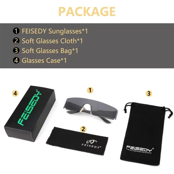 FEISEDY Futuristic Visor Punk Sunglasses Rimless One Piece Goggles Miorred Shades Women Men B2927Grey Mirrored