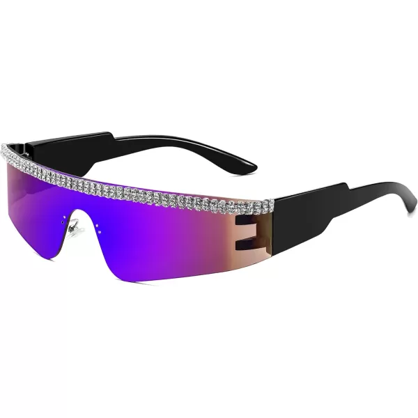 FEISEDY Futuristic Visor Punk Sunglasses Rimless One Piece Goggles Miorred Shades Women Men B2927Jeweled Frame Blue Mirrored Lens 005