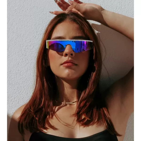 FEISEDY Futuristic Visor Punk Sunglasses Rimless One Piece Goggles Miorred Shades Women Men B2927Jeweled Frame Blue Mirrored Lens 005