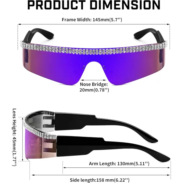 FEISEDY Futuristic Visor Punk Sunglasses Rimless One Piece Goggles Miorred Shades Women Men B2927Jeweled Frame Blue Mirrored Lens 005
