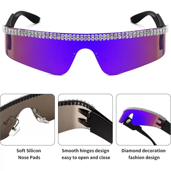 FEISEDY Futuristic Visor Punk Sunglasses Rimless One Piece Goggles Miorred Shades Women Men B2927Jeweled Frame Blue Mirrored Lens 005