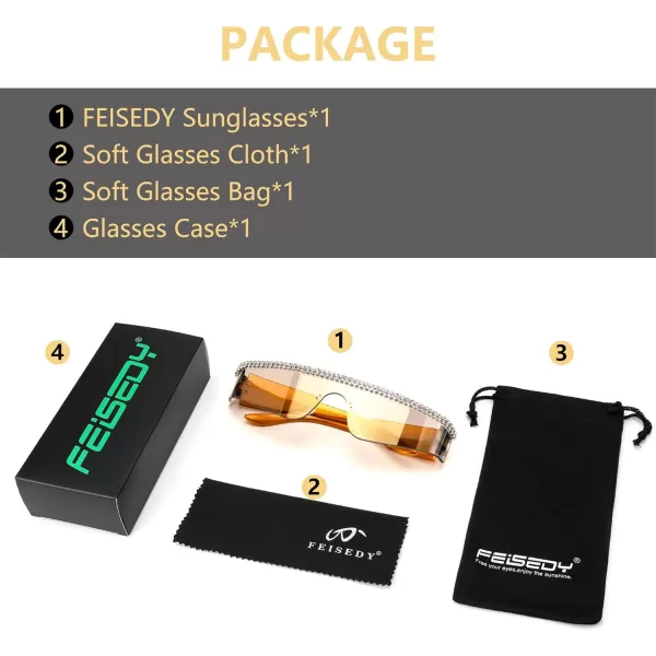 FEISEDY Futuristic Visor Punk Sunglasses Rimless One Piece Goggles Miorred Shades Women Men B2927Jeweled Frame Gold Mirrored Lens 006