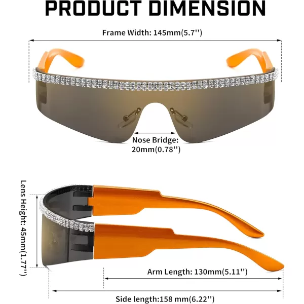 FEISEDY Futuristic Visor Punk Sunglasses Rimless One Piece Goggles Miorred Shades Women Men B2927Jeweled Frame Gold Mirrored Lens 006