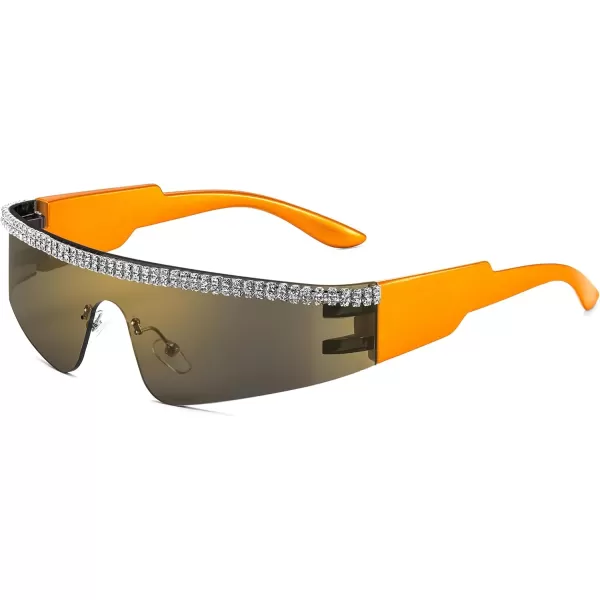 FEISEDY Futuristic Visor Punk Sunglasses Rimless One Piece Goggles Miorred Shades Women Men B2927Jeweled Frame Gold Mirrored Lens 006