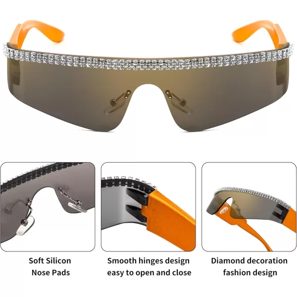 FEISEDY Futuristic Visor Punk Sunglasses Rimless One Piece Goggles Miorred Shades Women Men B2927Jeweled Frame Gold Mirrored Lens 006