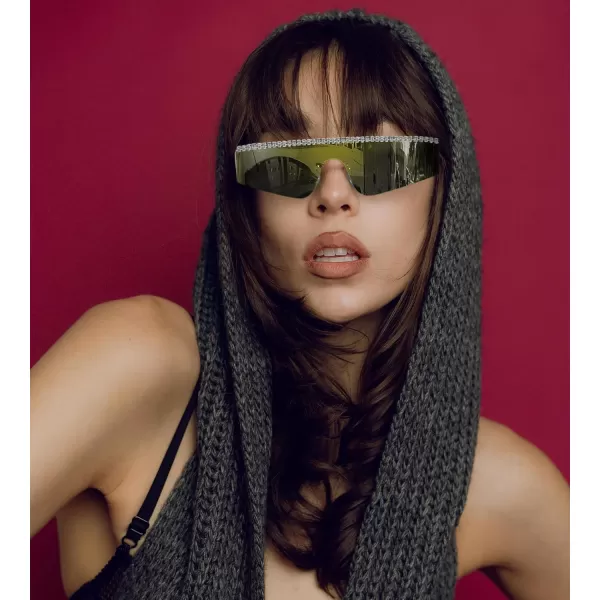 FEISEDY Futuristic Visor Punk Sunglasses Rimless One Piece Goggles Miorred Shades Women Men B2927Jeweled Frame Gold Mirrored Lens 006