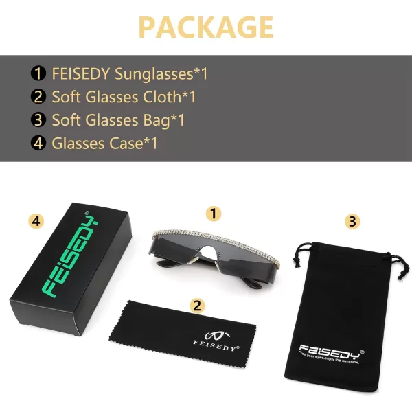 FEISEDY Futuristic Visor Punk Sunglasses Rimless One Piece Goggles Miorred Shades Women Men B2927Jeweled Frame Grey Lens 001