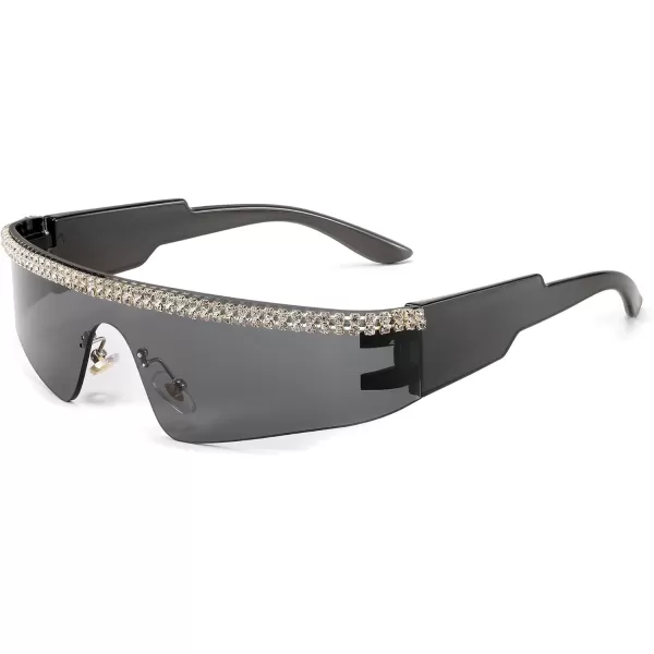 FEISEDY Futuristic Visor Punk Sunglasses Rimless One Piece Goggles Miorred Shades Women Men B2927Jeweled Frame Grey Lens 001