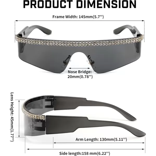 FEISEDY Futuristic Visor Punk Sunglasses Rimless One Piece Goggles Miorred Shades Women Men B2927Jeweled Frame Grey Lens 001